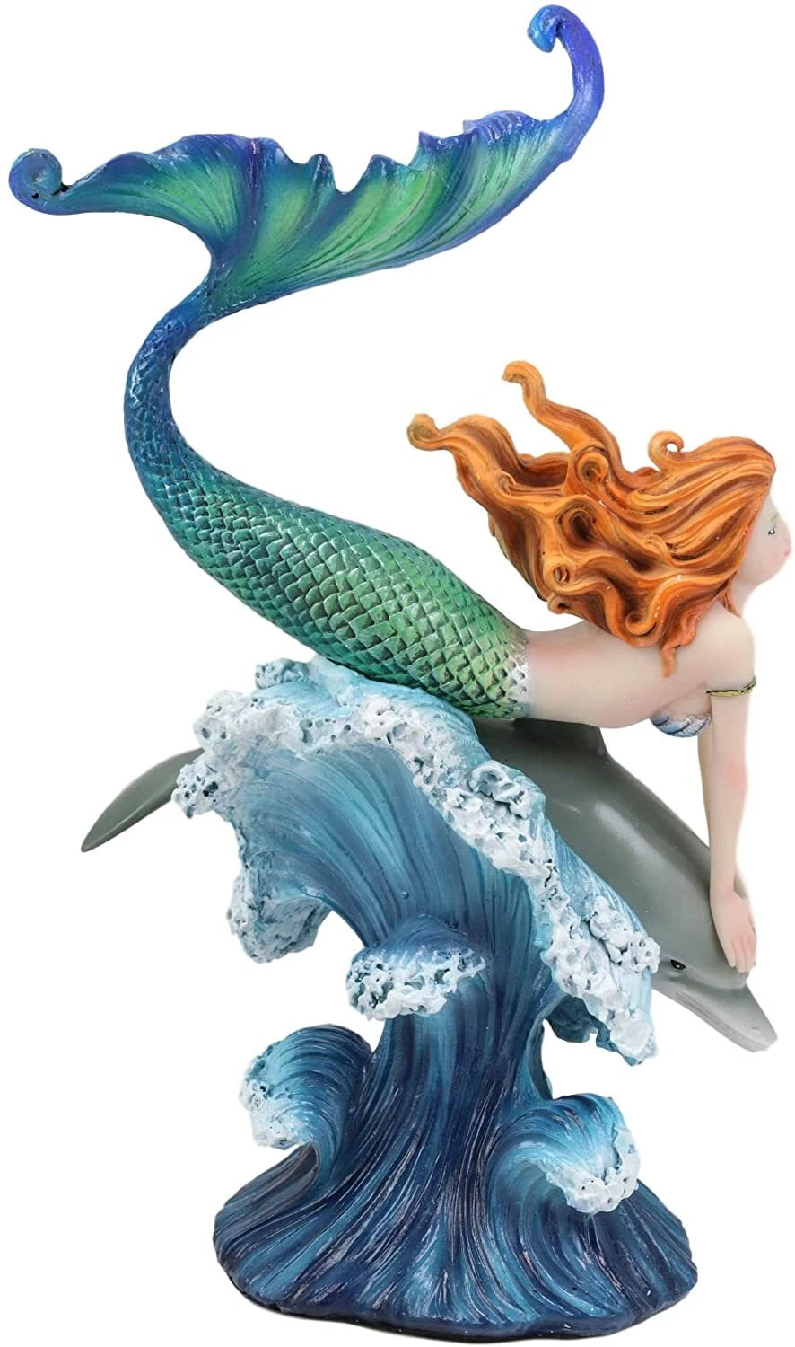 Sea Nautical Red Haired Mermaid Riding Dolphin Over The Ocean Waves Statue Decor-2