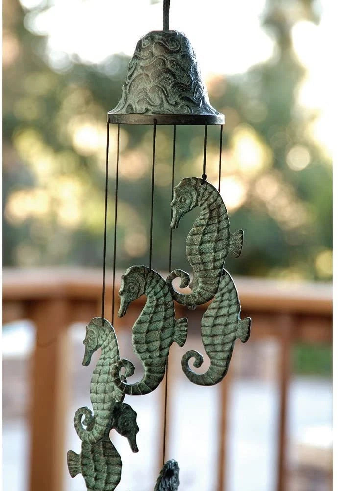Verdigris Distressed Brass Metal Nautical Bell With Marine Seahorses Wind Chime-8