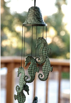 Verdigris Distressed Brass Metal Nautical Bell With Marine Seahorses Wind Chime-8