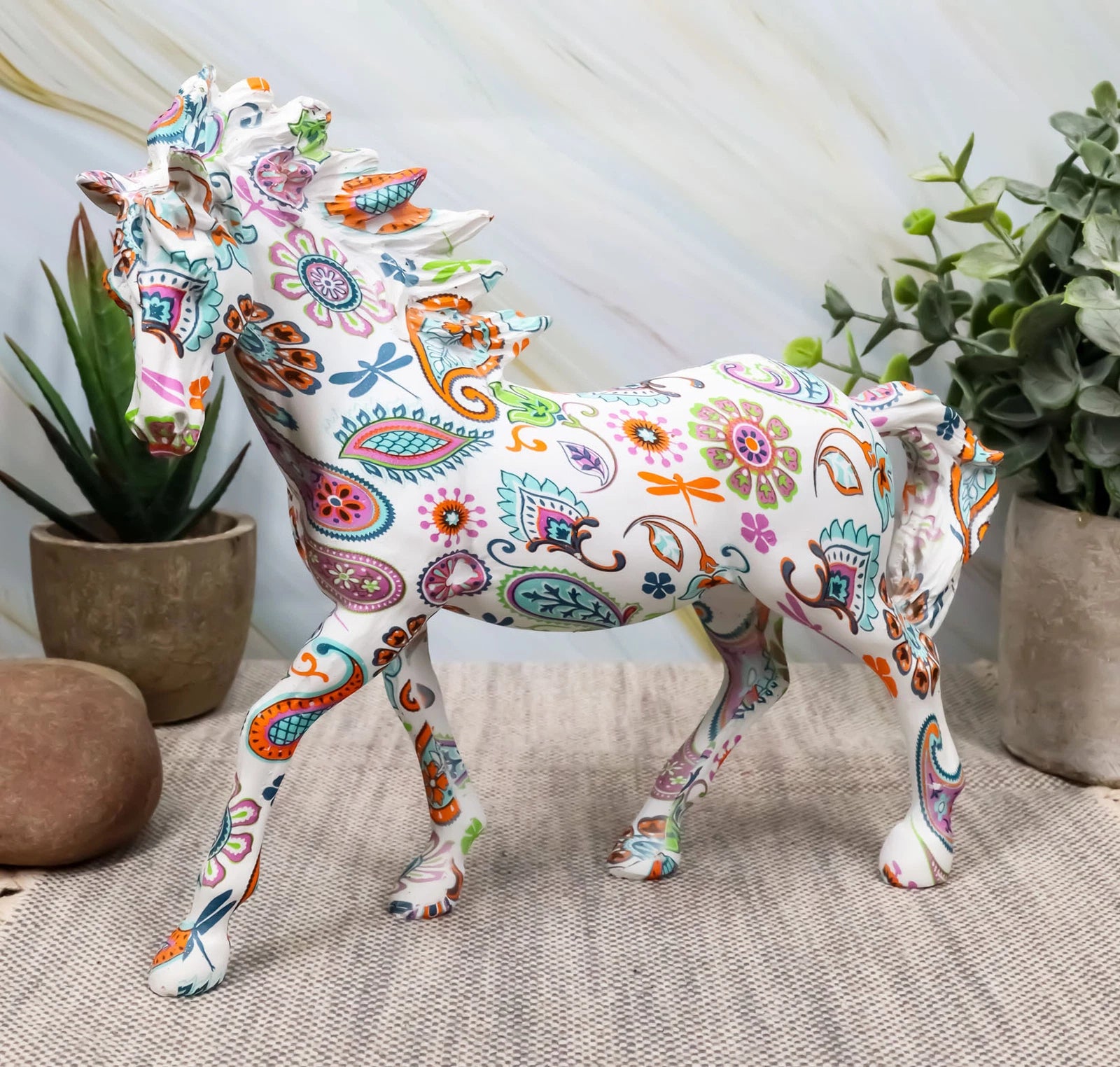 Equestrian Chic Beauty Rainbow Paisley White Horse Hand Painted Statue 7.5" L-1