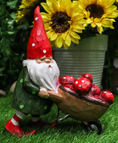 Whimsical Garden Mr Grandpa Gnome Pushing Toadstool Mushrooms Wheelbarrow Statue-2