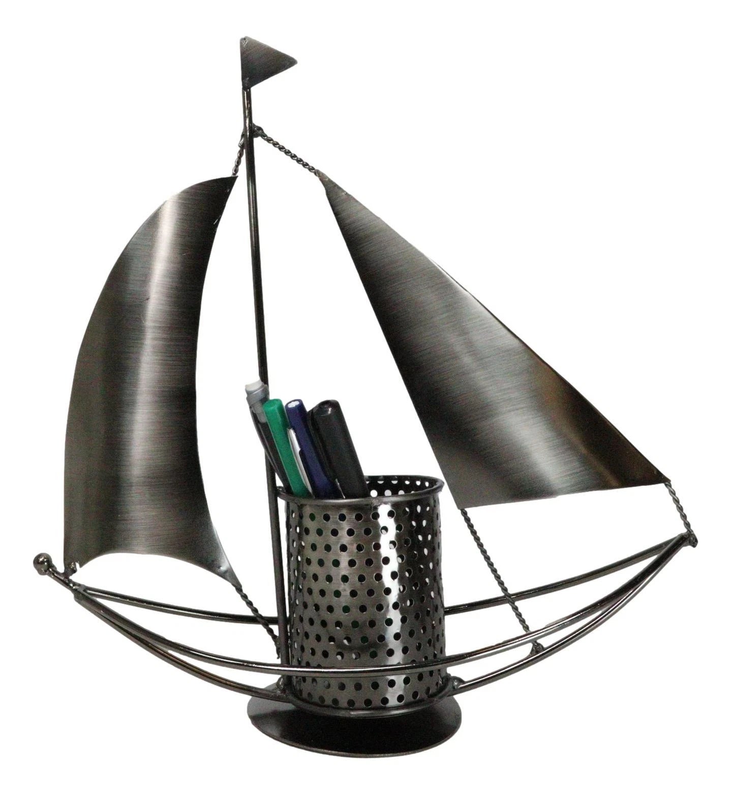 Nautical Ocean Sailboat Hand Made Steel Metal Office Stationery Organizer Holder-5