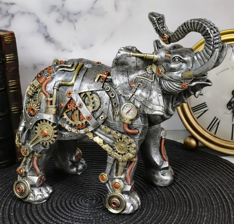 Steampunk Pressure Valve Geared Cyborg Elephant with Trunk Up Figurine-1