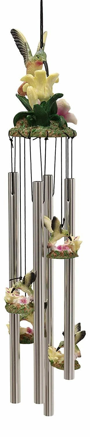 Beautiful Hummingbird with Nectarine Lily Flowers Wind Chime 21" L-5