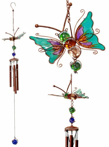 Stained Glass Flitting Butterfly Copper Metal Wind Chime 23"Long Outdoor Decor-2