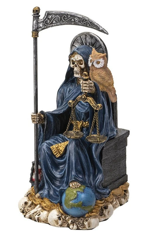 Seated Blue Santa Muerte With Scythe Scales of Justice And Wise Owl Figurine 9"H-6