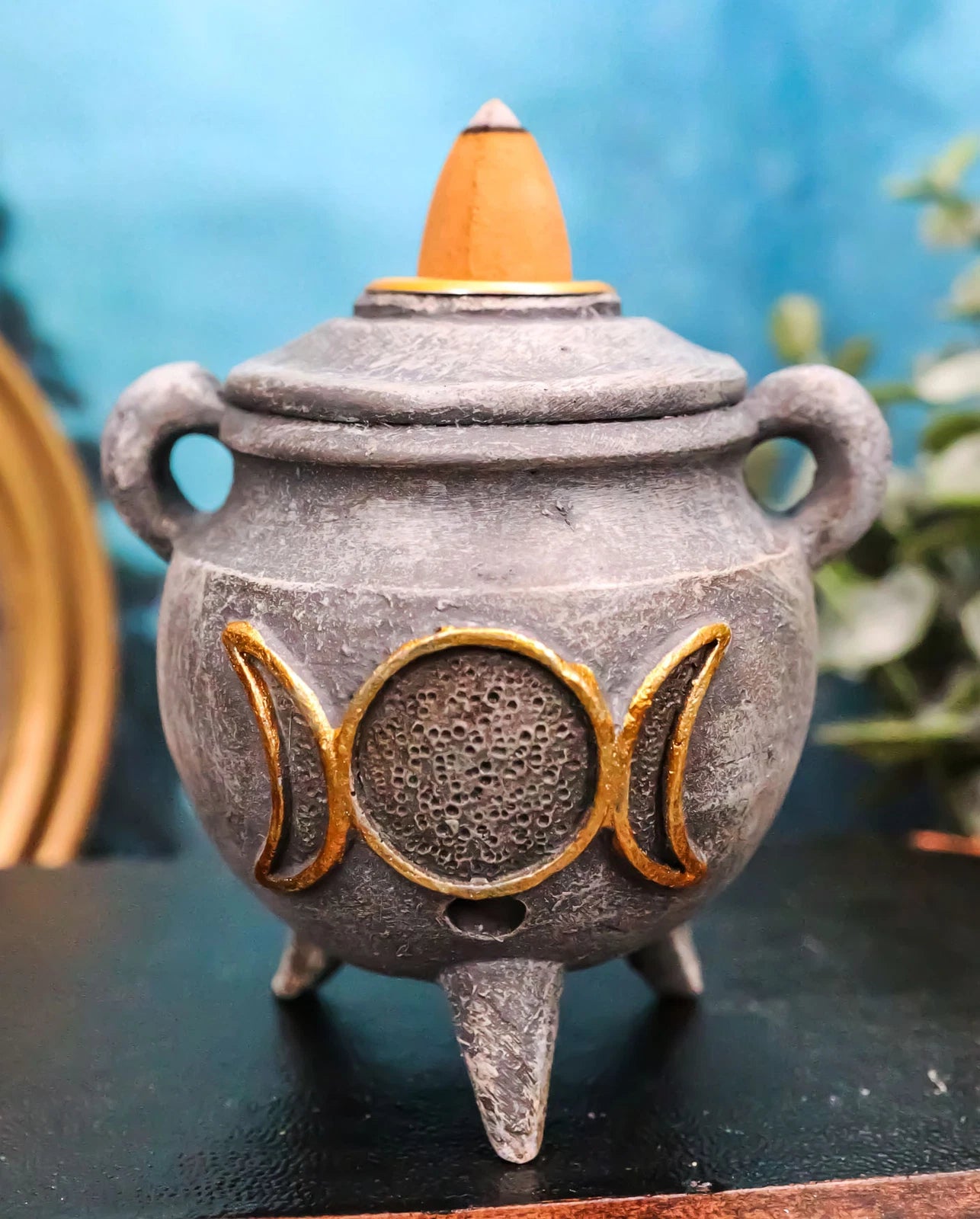 Witchcraft Wicca Triple Moon Goddess Cauldron Backflow Incense Holder Figurine-1