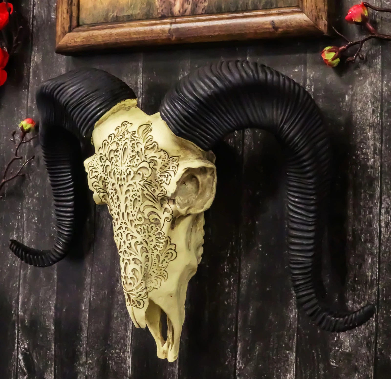 Tribal Floral Vines Tooled Filigree Corsican Ram Cow Skull Wall Decor Plaque-5