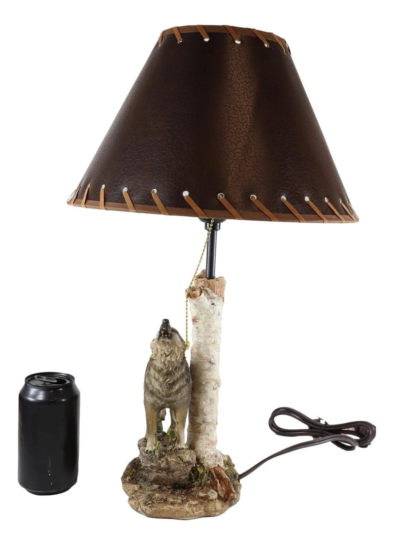 Rustic Wildlife Grey Wolf Howling By Birchwood Tree Table Lamp With Laced Shade-5