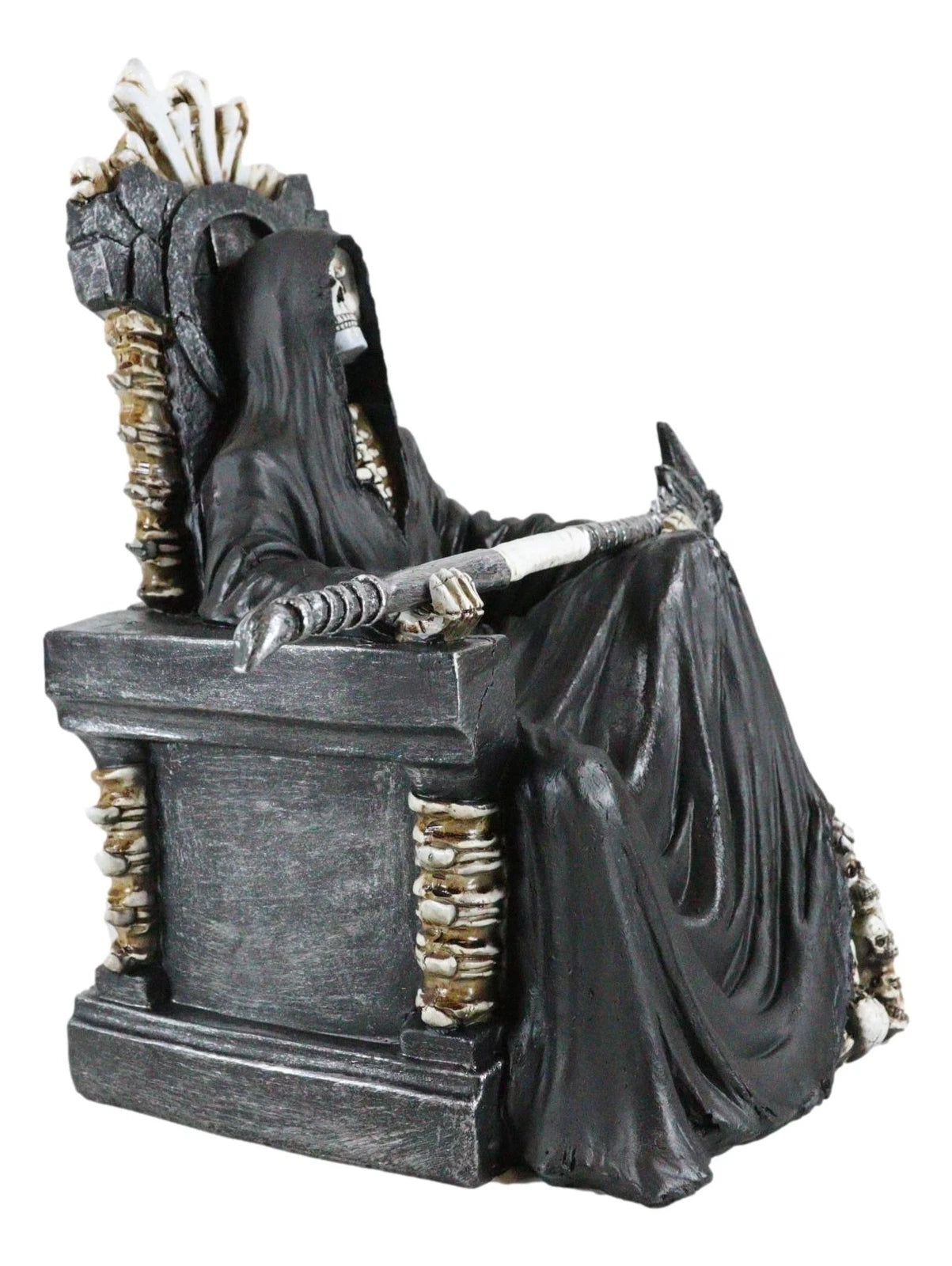 Grim Reaper Figurine, Death Skeleton Throne Statue 10.5" Tall Gothic Home Decor, Sitting Reaper Collectible, Halloween Accent, Desk or Shelf Ornament, Dark Fantasy Sculpture-4