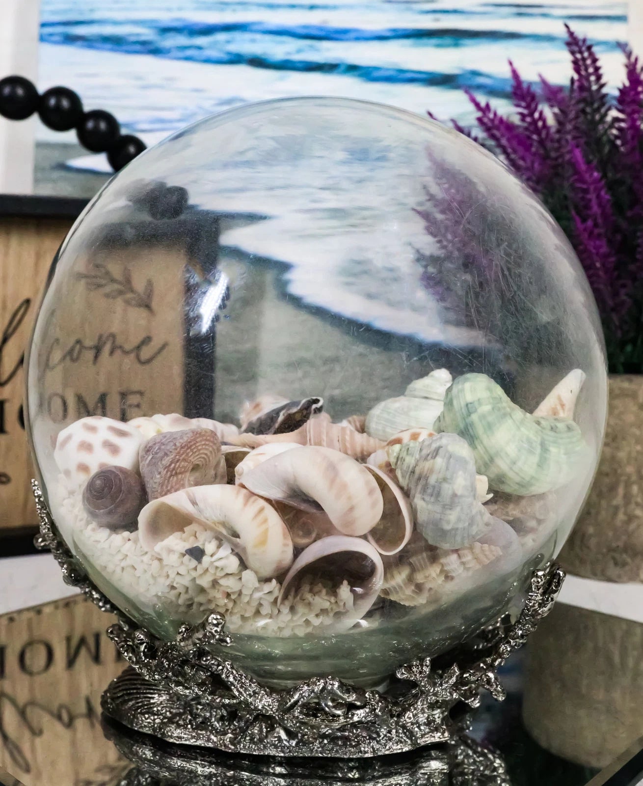 Nautical Marine Sea Shells Glass Globe Ball On Silver Coral Reef Metal Sculpture