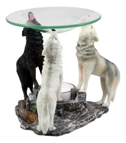 Moonlight Colorful Three Howling Wolves Oil & Wax Tart Burner Figurine-4