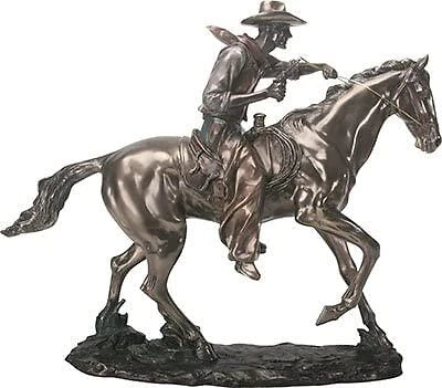 Large 21.25"Long Cowboy On Horse Figurine in Bronze Powder Finish Resin Statue-3