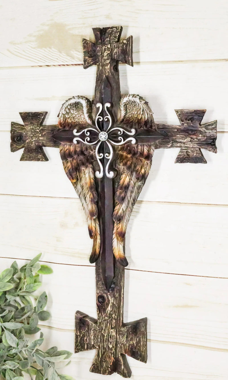 Black Biker Iron Cross With Angel Wings Layered Faux Wooden Wall Cross Plaque-2