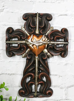 Rustic Sacred Heart Crown of Thorns And Spike Nails Faux Wooden Wall Cross Decor-1