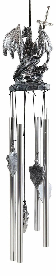 Medieval Silver Dragon Holding Excalibur Sword And Orb Figurine Wind Chime Decor-3