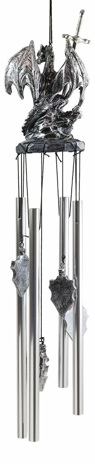 Medieval Silver Dragon Holding Excalibur Sword And Orb Figurine Wind Chime Decor-3