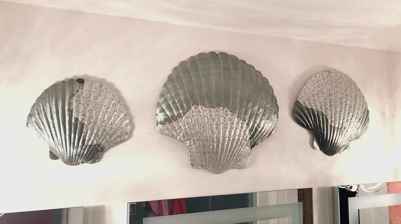 Silver Filigree Capiz Green Nautical Sea Shell Clams 3 Sizes Set Wall Decors-1
