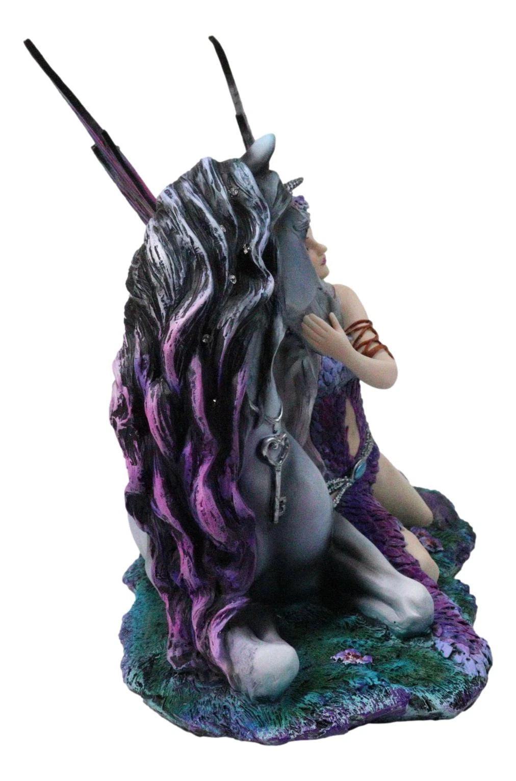 Purple Tribal Fairy Sitting With Midnight Key Lock Dark Unicorn Figurine 14.5"L-8