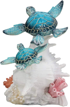 Colorful Nautical Sea Turtle Family Swimming By Big Conch With LED Light Statue-6