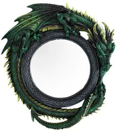 Gothic 11.75" Tall Jade Pagoda Green Intertwined Dragon Round Wall Mirror Plaque-3