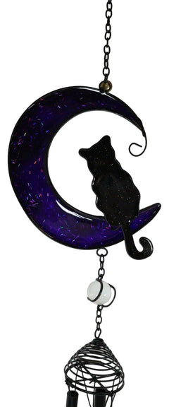 Witchcraft Black Cat On Purple Crescent Moon Stained Glass Wind Chime Suncatcher-6