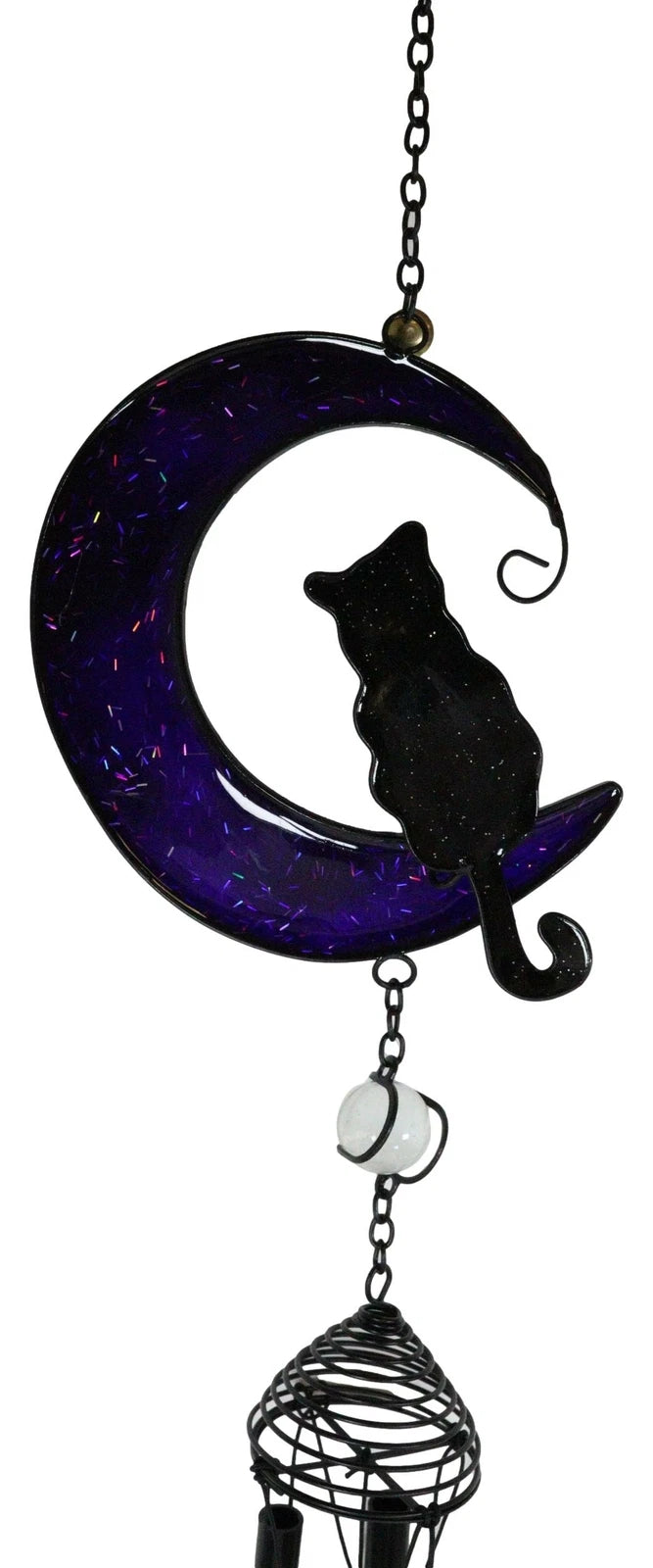 Witchcraft Black Cat On Purple Crescent Moon Stained Glass Wind Chime Suncatcher-6