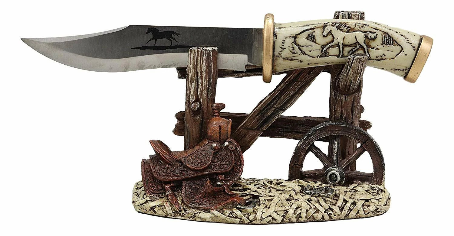 Western Horse Saddle By Wagon Wheel With Blunt Knife Display Holder Statue Set-4