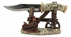 Western Horse Saddle By Wagon Wheel With Blunt Knife Display Holder Statue Set-4