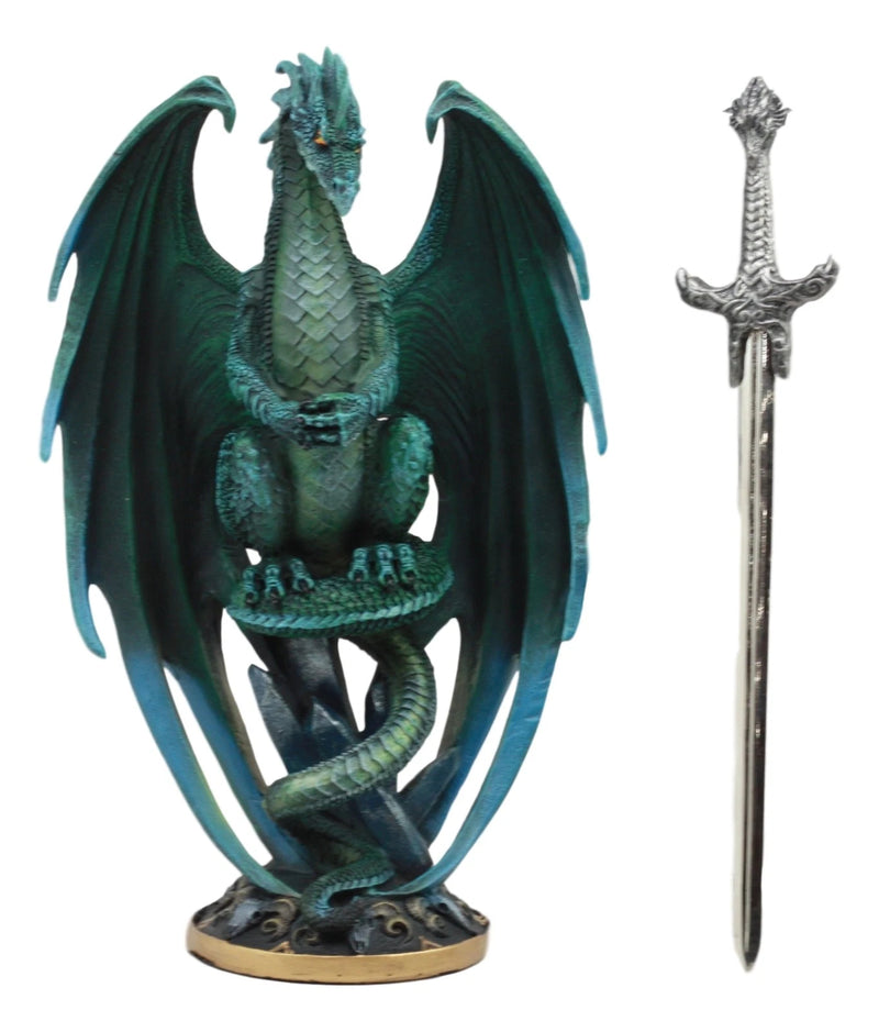 Ram Skull Blade Green Dragon Statue with Dragon Letter Opener Blade 10"H-7