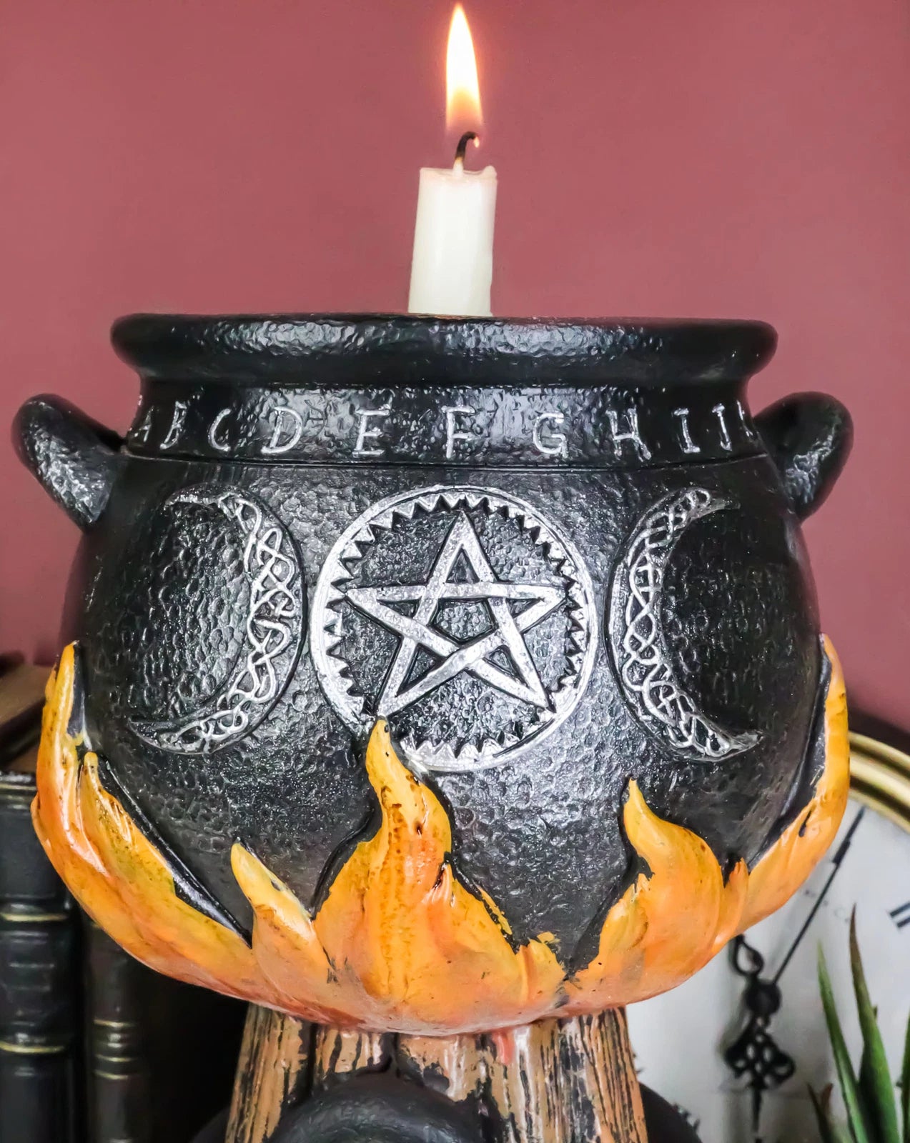 Wicca Triple Moon Witch Cauldron With Snake And Sacred Geometry Candle Holder-3