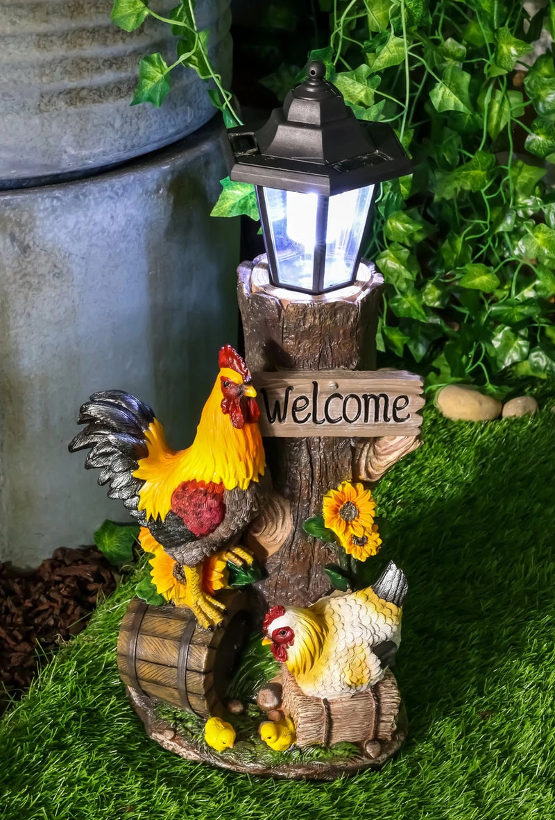 Country Farm Rooster Hen Chicks Family By Sunflowers Solar Light Lantern Statue-1
