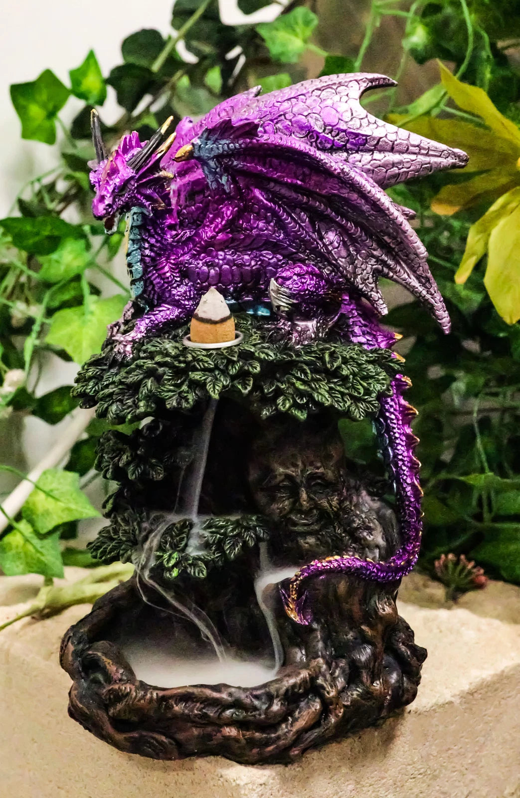 Metallic Purple Dragon On Greenman Tree Canopy Backflow Incense Cone Burner-1