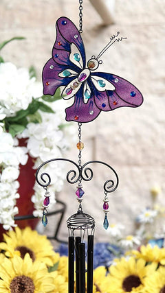 Purple Butterfly Stained Glass With Gemstones Copper Wind Chime Garden Patio-2