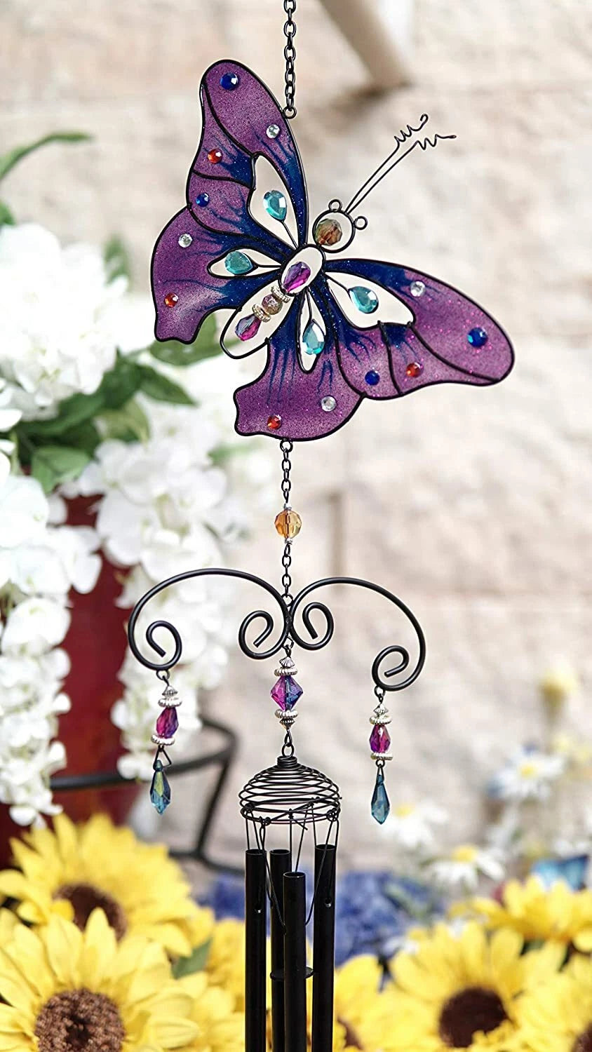 Purple Butterfly Stained Glass With Gemstones Copper Wind Chime Garden Patio