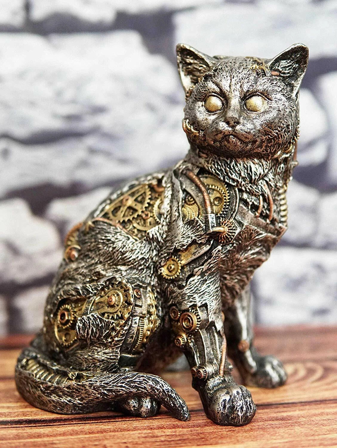 Steampunk Cyborg Cat with Clockwork Gears Nuts and Bolts Statue 8" Tall-5
