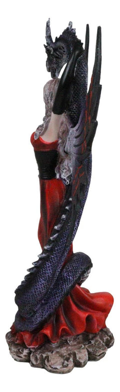 Fantasy Red Gowned Gothic Rose Fairy With Black Grendel Volcano Dragon Figurine-6