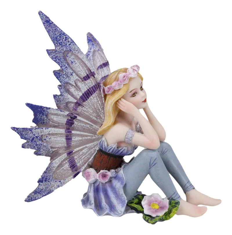 Small Meadowland Tribal Purple Periwinkle Flower Girl Fairy Daydreaming Figurine-3
