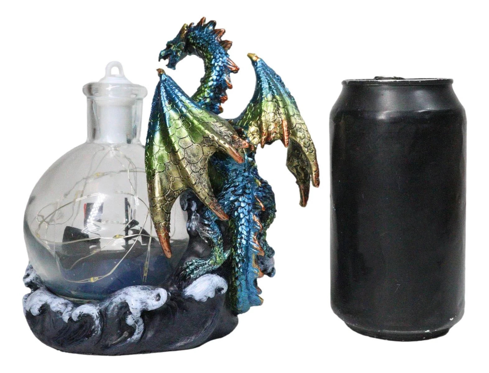 Metallic Frozen Sea Dragon Rising Above Waves by Glass Bottle With Ship Figurine-4