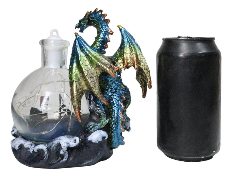 Metallic Frozen Sea Dragon Rising Above Waves by Glass Bottle With Ship Figurine-4