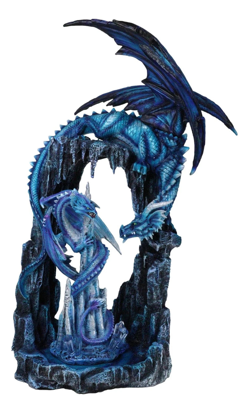 20"H Large Blue Frozen Dragon On Arch With Wyrmling By Ice Stalagmite Statue-4