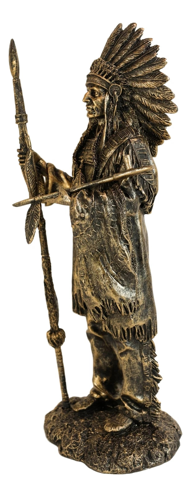 Native American Indian Chief With Eagle Roach Spear And Chalumet Pipe Statue-6