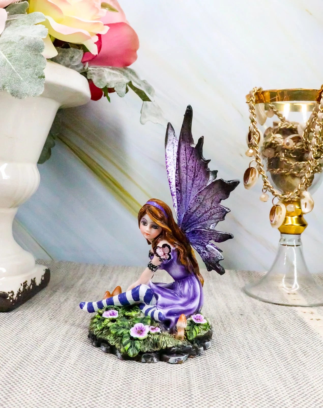 Toadstool Garden Lavender Purple Girl Fairy With Flitting Butterfly Figurine-1