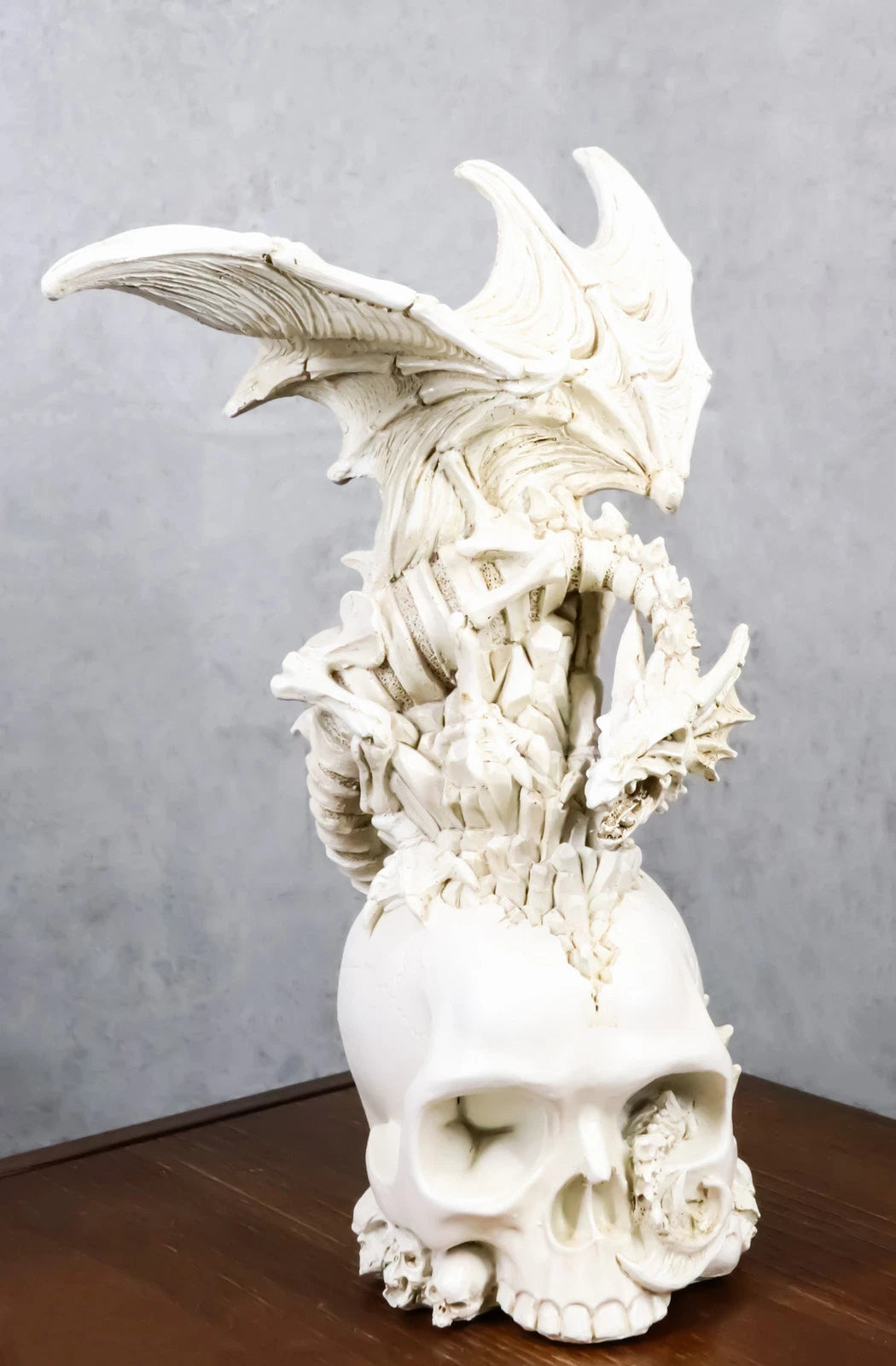 Ossuary Macabre Skeleton Bone Dragon Perching On Gothic White Skull Figurine-1