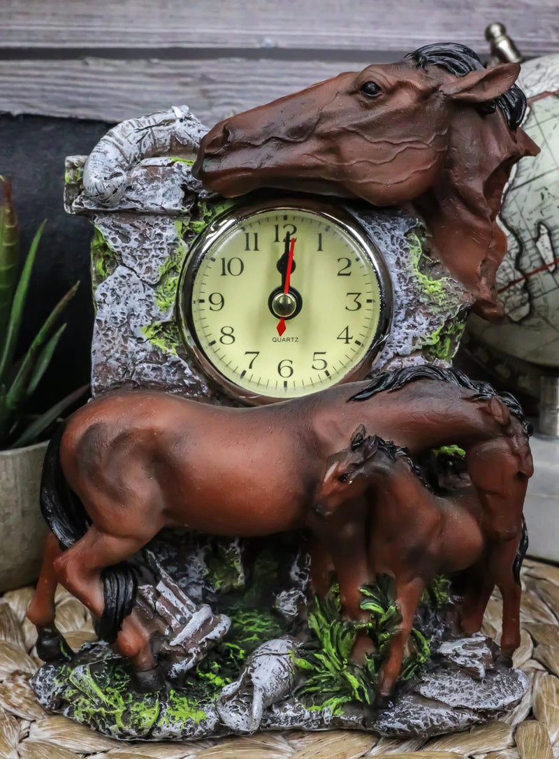 Brown Chestnut Stallion Horse Mare Stallion And Foal Family Desktop Table Clock-1