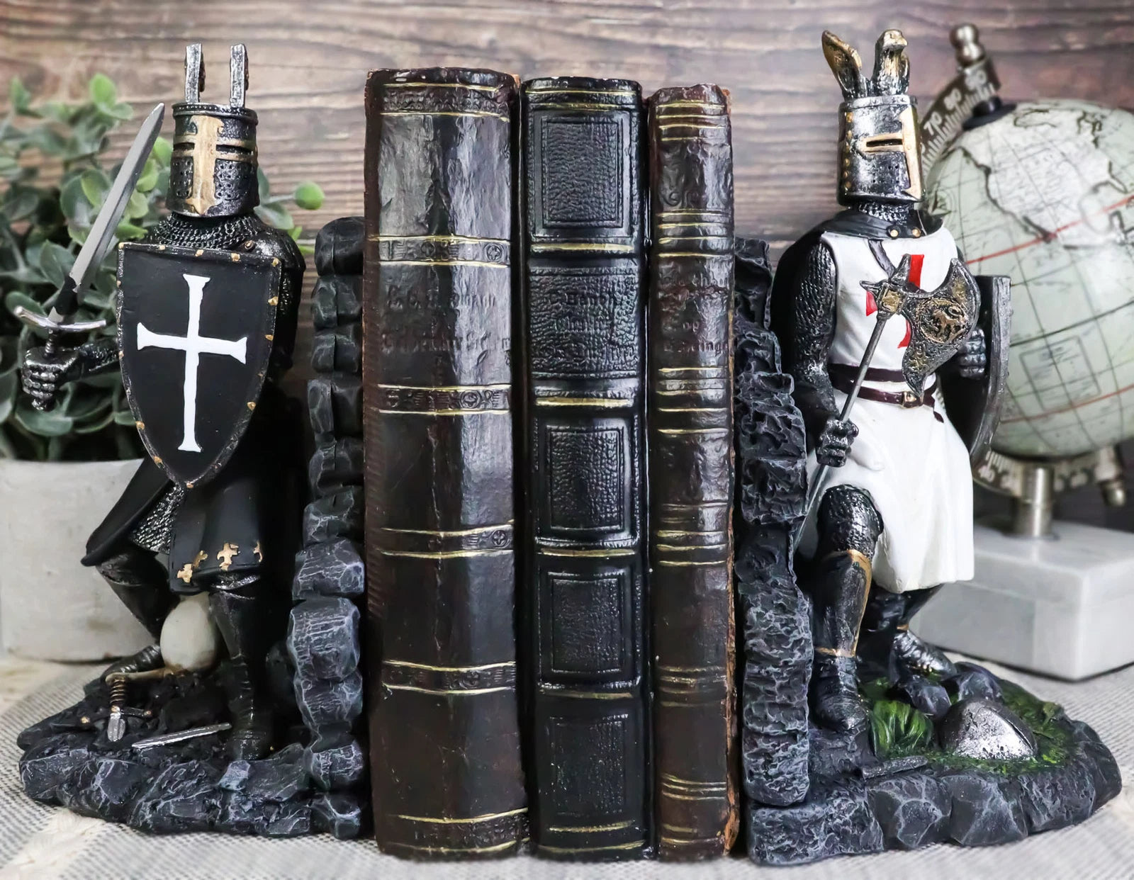 Black And White Medieval Crusader Knight Bookends Statue 7.5"H Set Suit Of Armor-1