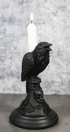 Gothic Poe Raven Crow Black Rose Skull Tombstone Tea Light Votive Candle Holder-1