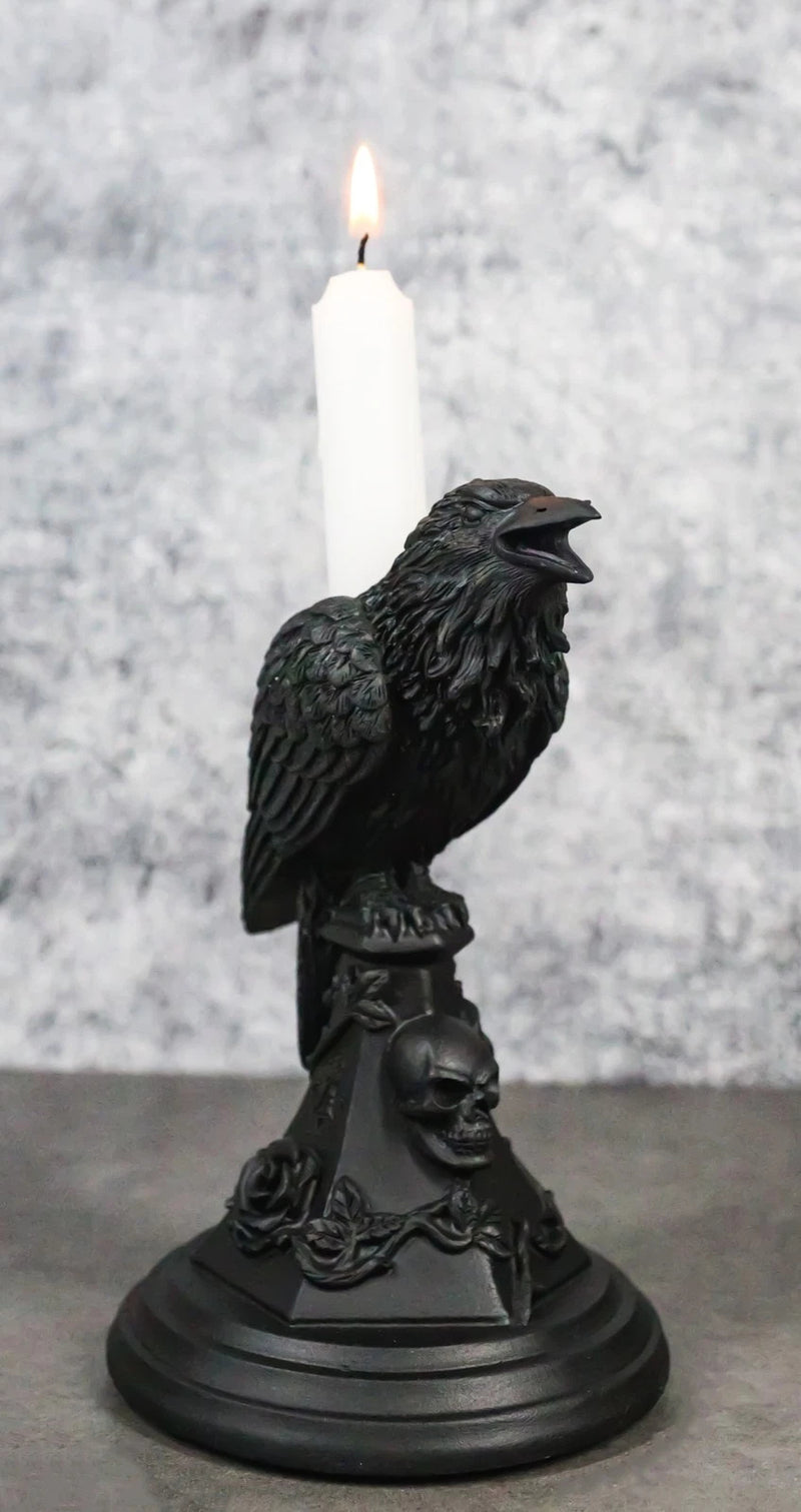 Gothic Poe Raven Crow Black Rose Skull Tombstone Tea Light Votive Candle Holder-1