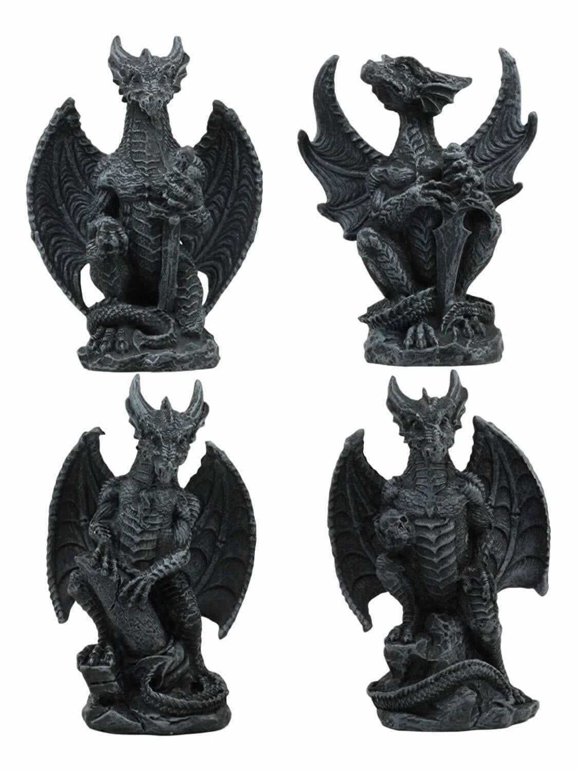 Faux Stone Fantasy Sentinel Guardian Dragons Statue Set Of 4 Dragon Miniatures-3
