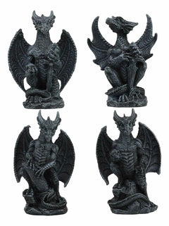 Faux Stone Fantasy Sentinel Guardian Dragons Statue Set Of 4 Dragon Miniatures-3